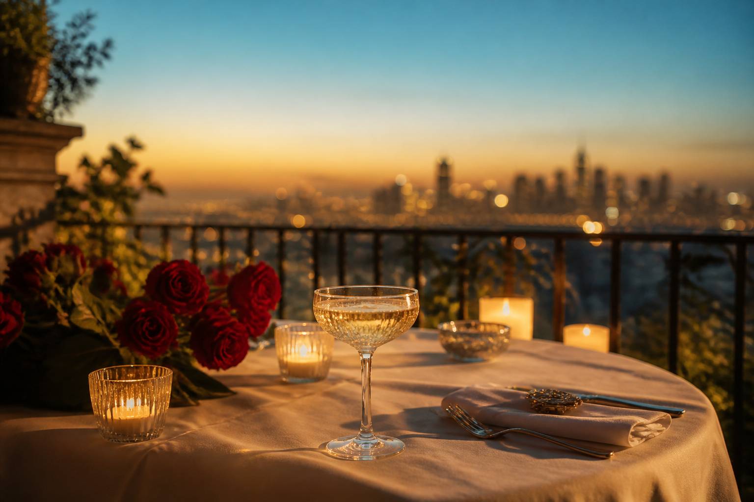 Table raffinée sur un balcon avec coupe de champagne roses rouges et bougies