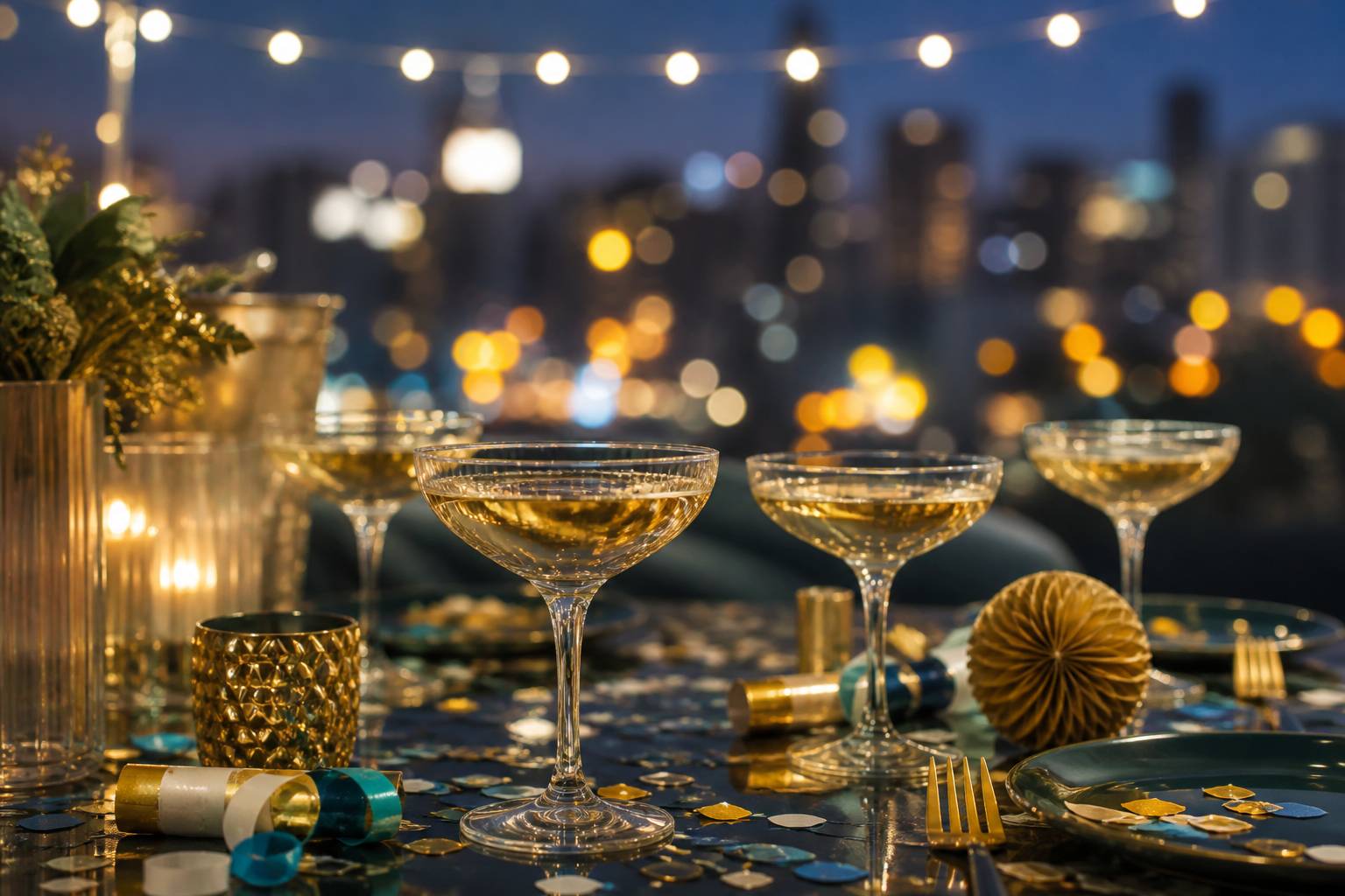 Table de réveillon avec des coupes de champagne, des confettis et des cotillons