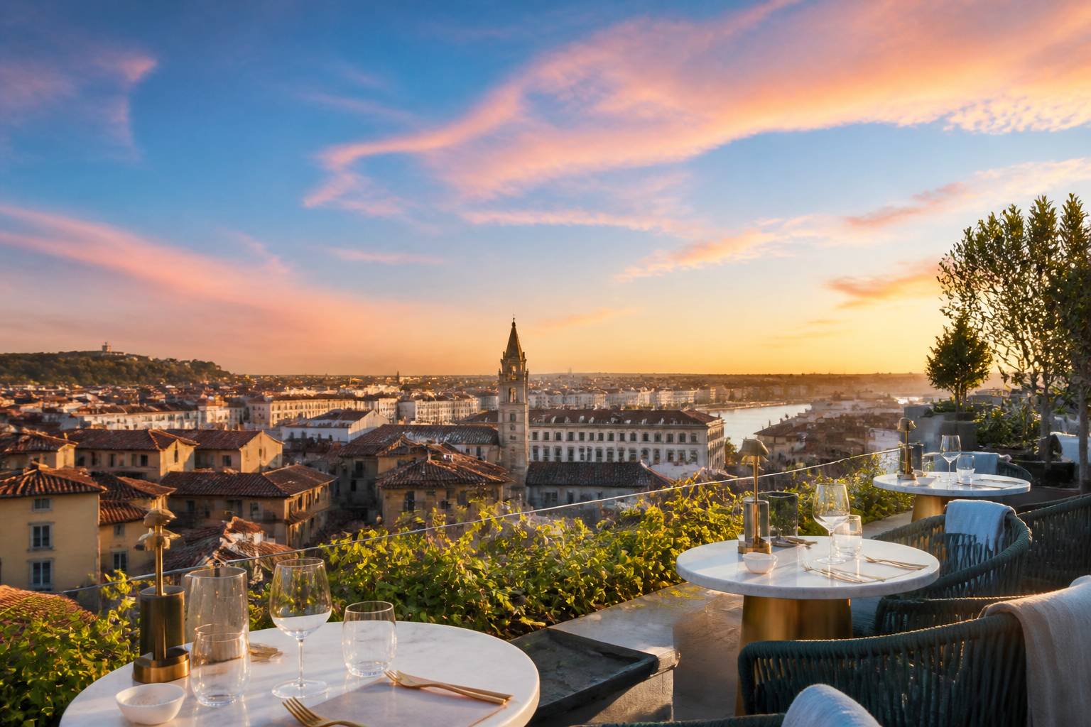 Terrasse en hauteur avec vue sur les toits d'une ville au crépuscule