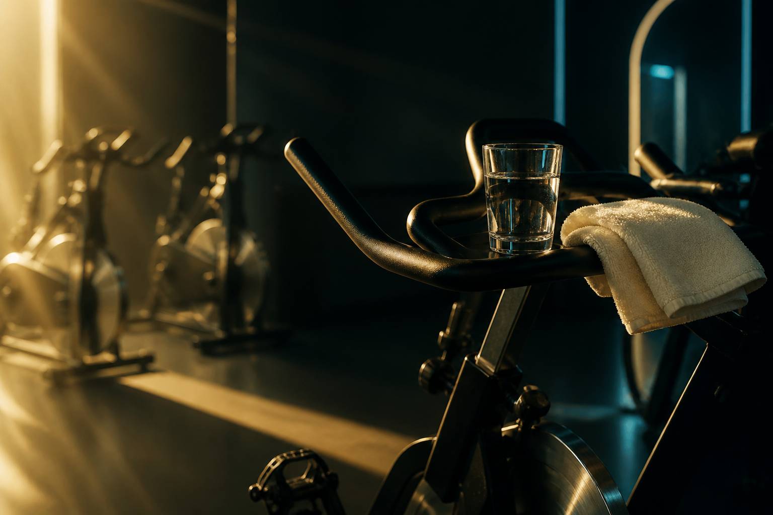 Guidon et pédales d'un vélo de cycling dans une salle sombre à l'éclairage tamisé