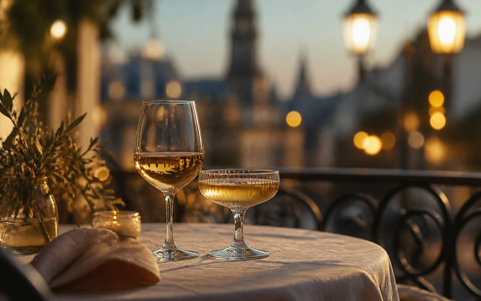 Deux verres posés sur une table de terrasse avec des lumiÚres chaudes en arriÚre-plan