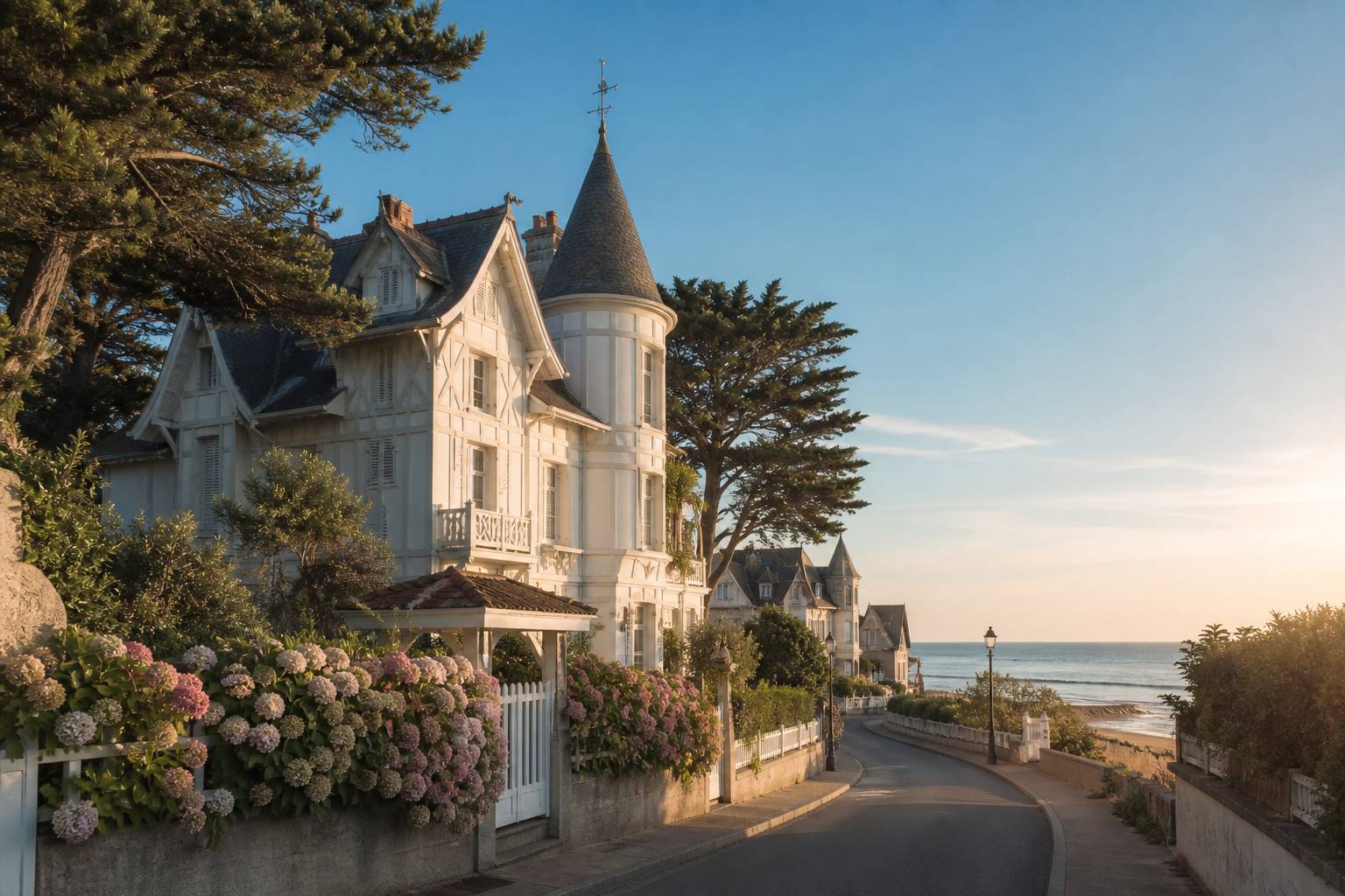 Villa balnéaire Belle Époque aux colombages clairs avec tourelle d'angle