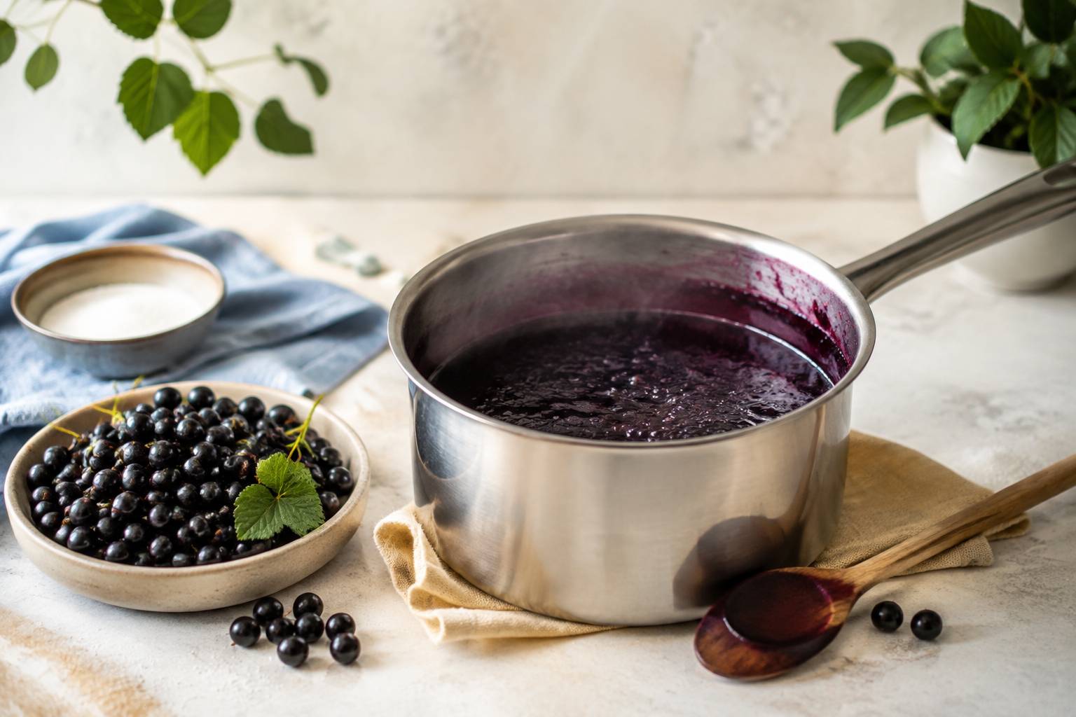Réduction de jus de cassis en casserole avec sucre et baies fraîches, cuillère en bois