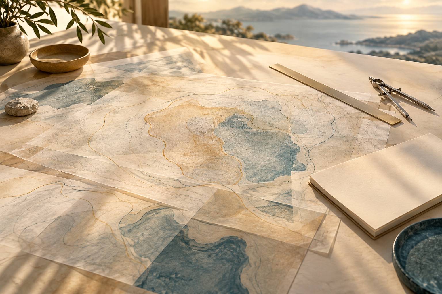 Calques cartographiques superposes avec perimetres emboites et compas