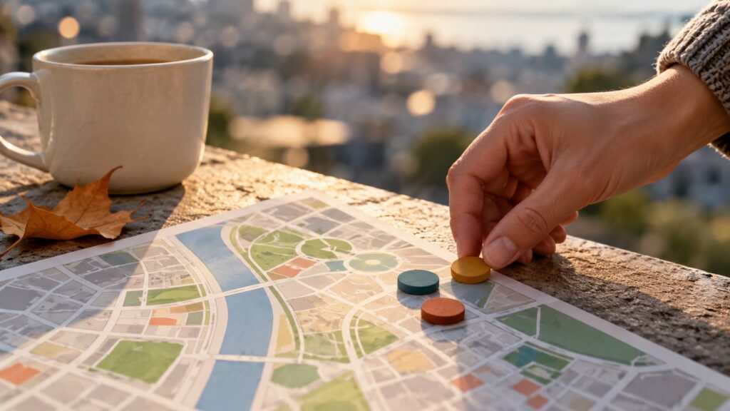 Illustration de détail sur le sujet : Visiter un quartier à trois moments de la journée